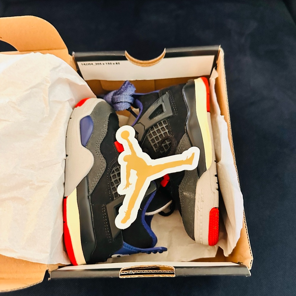 Jordan 4 Retro OG TD Black Fire Red Royal Blue Kids 8C Suede Sneakers